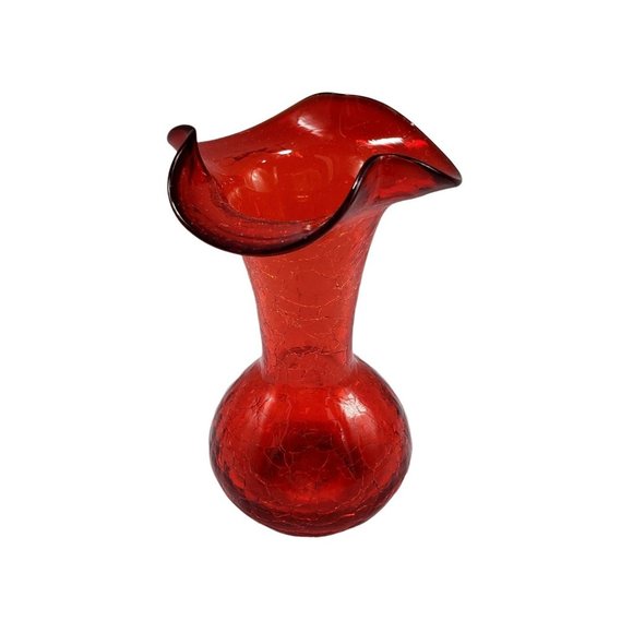 Vintage Pilgrim Hand Blown Glass Ruby Red Crackle Ruffled Top Vase WV - Picture 3 of 9
